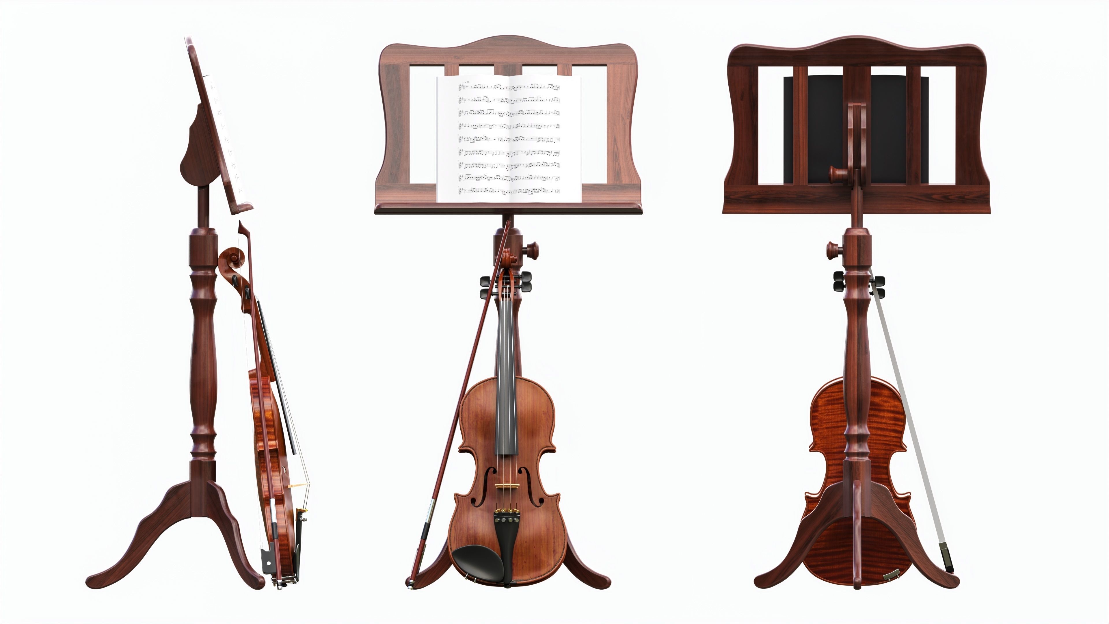 Violin with bow and wooden music note stand 3D model_1