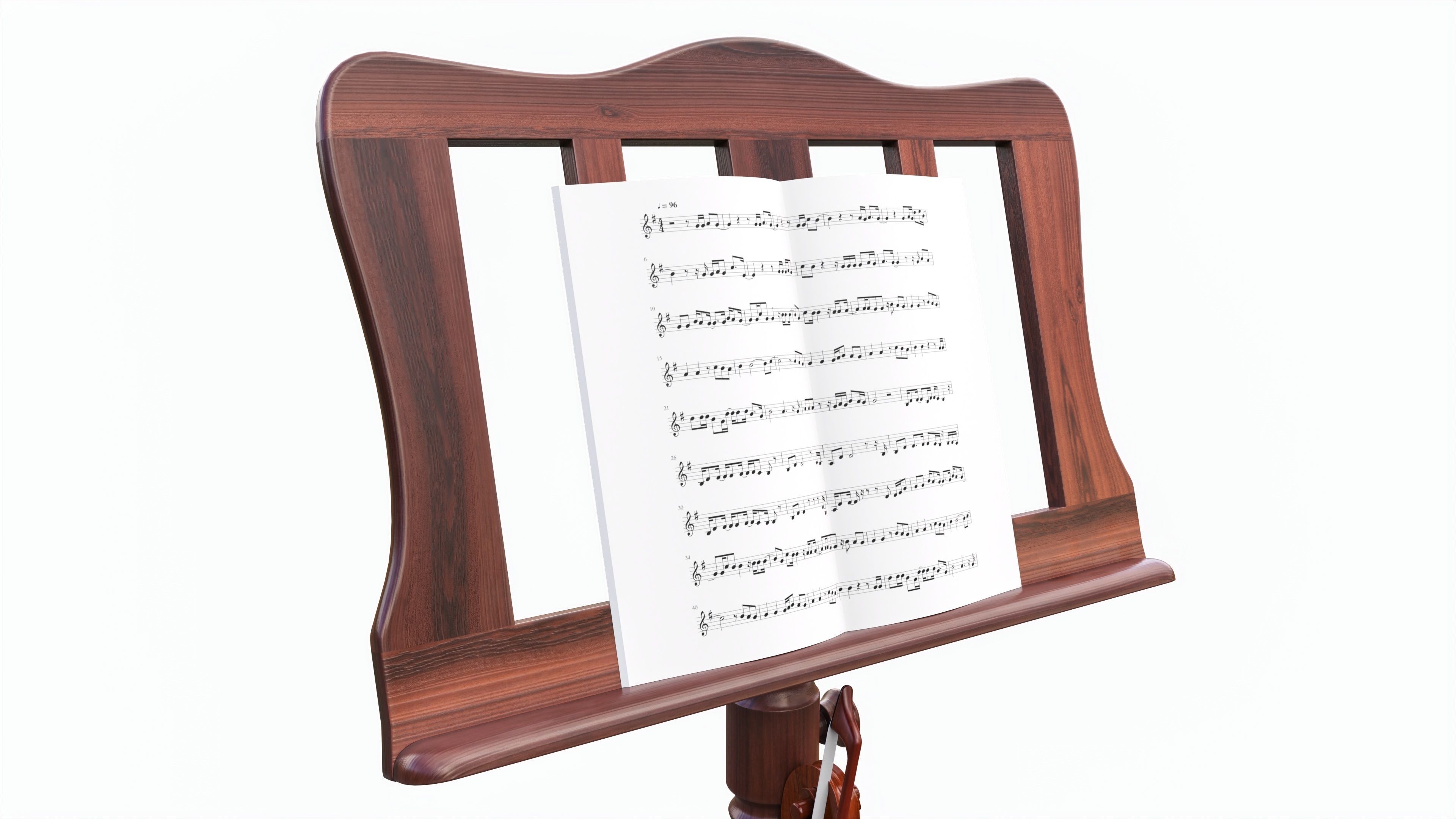 Violin with bow and wooden music note stand 3D model_2