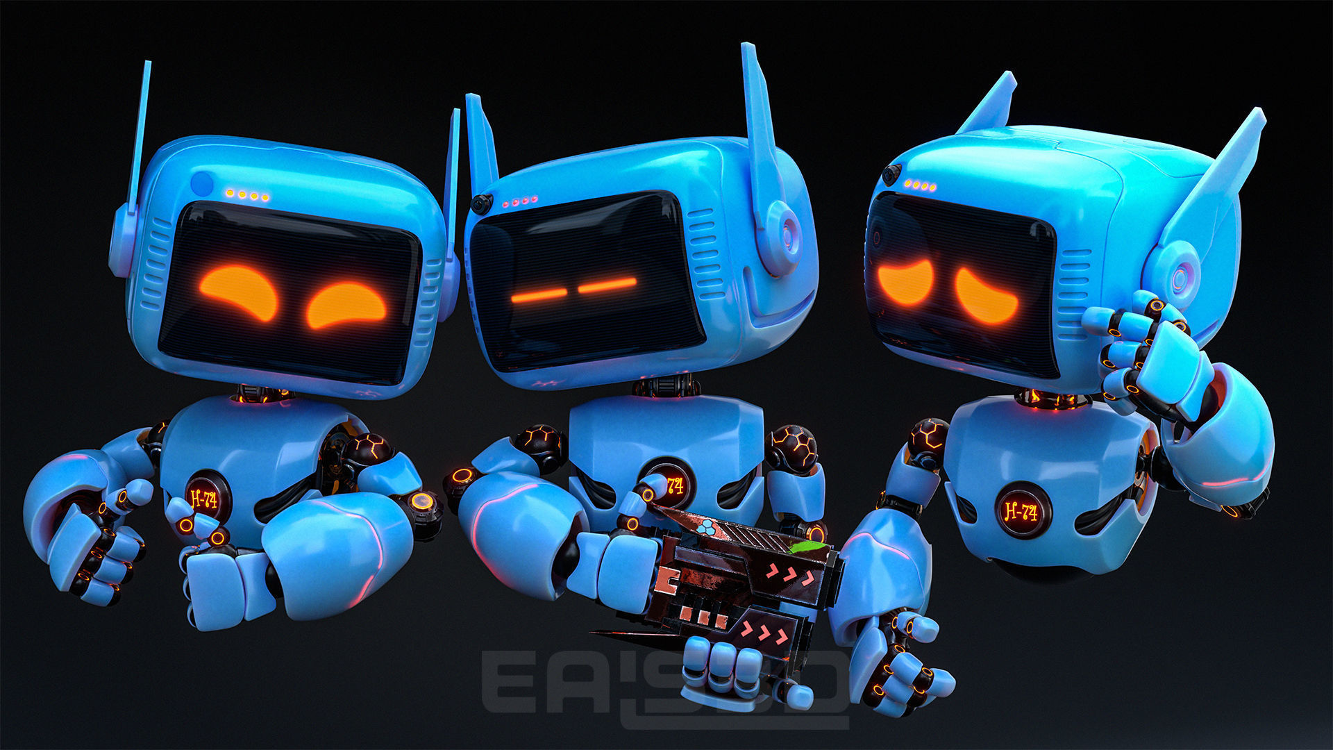 Cute Robot H-74 Yellow 3D model_10