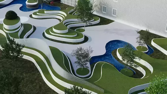 Curved landscape park 3d exterior scene
