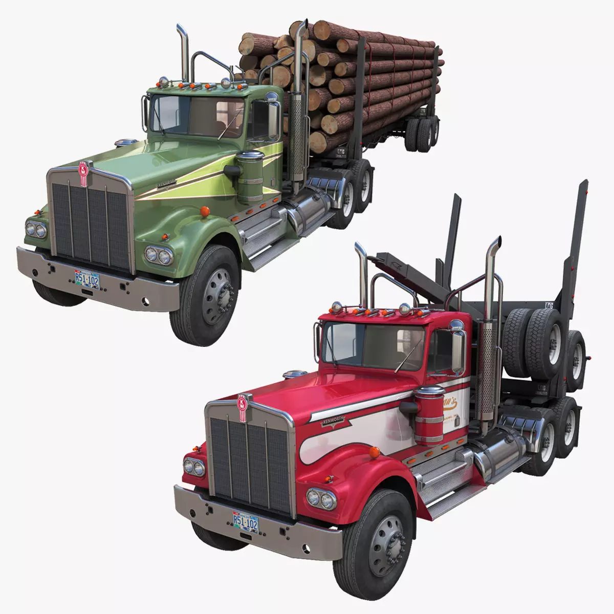 Kenworth W900A log train truck Low-poly 3D model