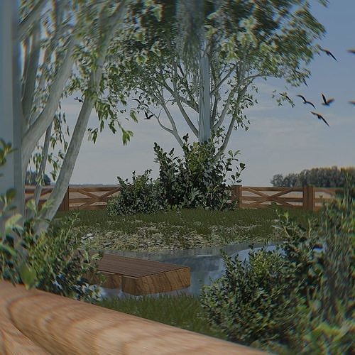 Bridge on the lake in the forest Low-poly 3D model