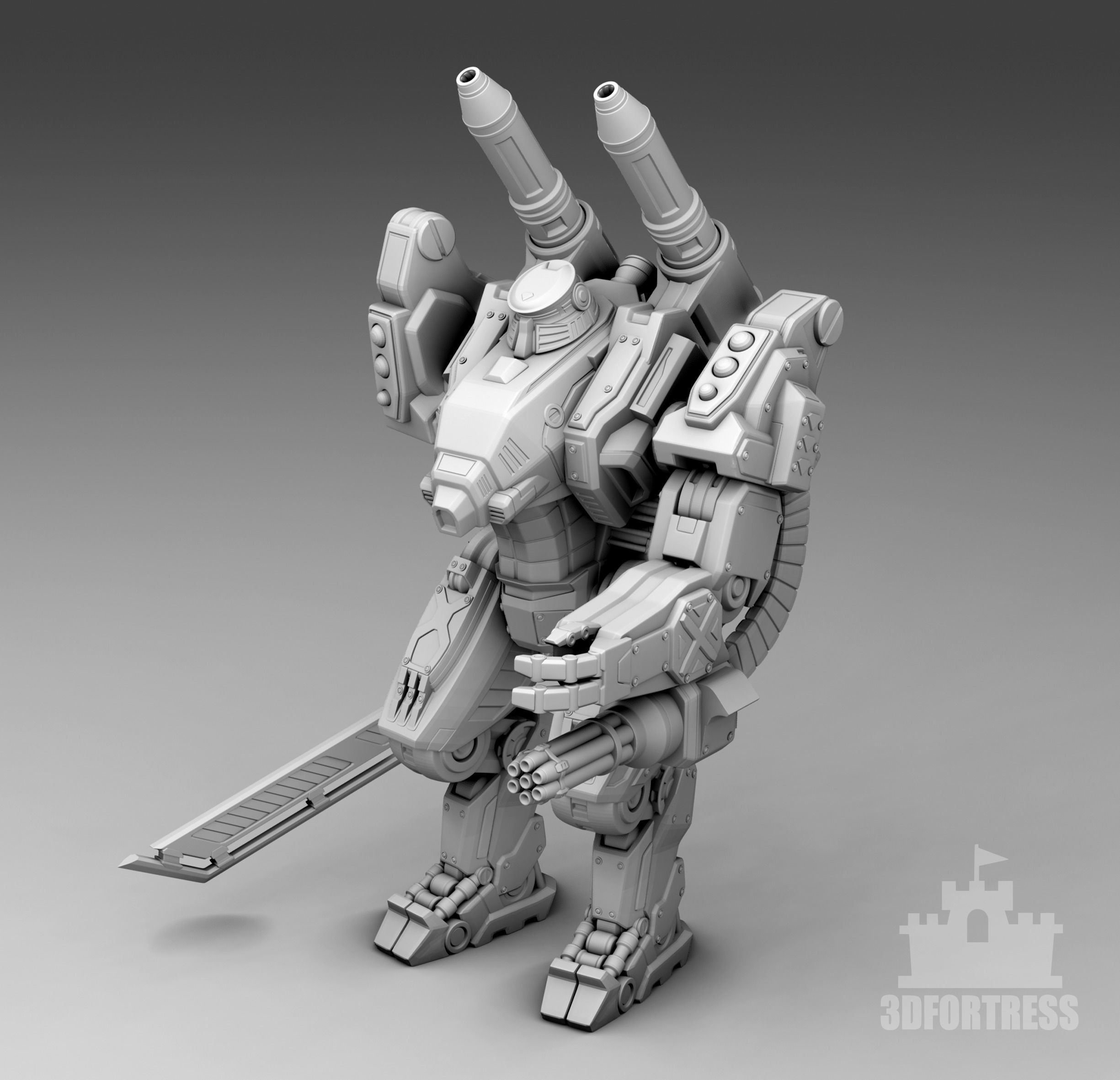  A robot with a sword and a minigun 3D print model_2