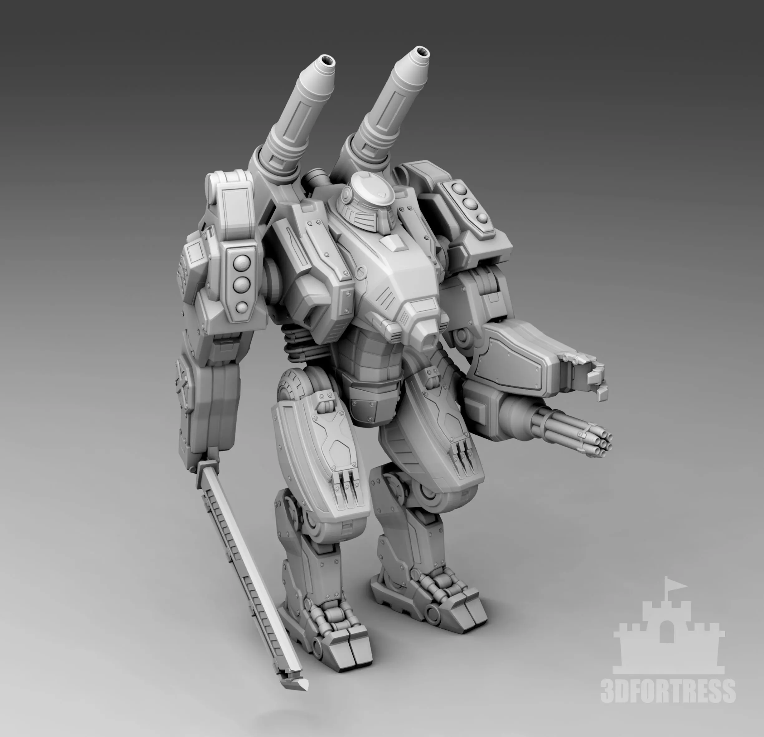  A robot with a sword and a minigun 3D print model_0