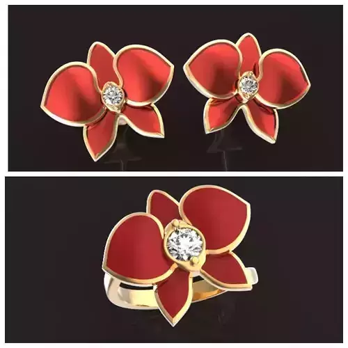 set orchidees earring and ring with enamel