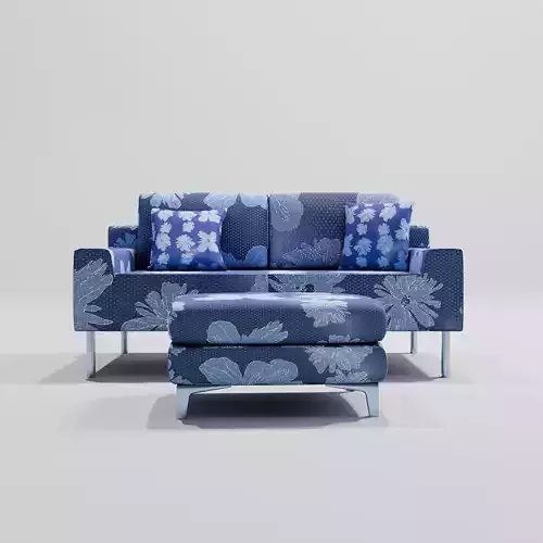 Blue Floral Couch with Ottoman and Pillows