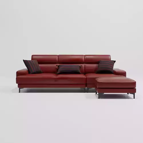 Red Leather Couch with Ottoman and Pillows