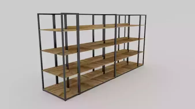 metal shelving with wooden shelves