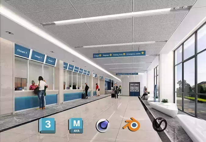 Airport hallway to plane -  Airport interior design concept 3D model