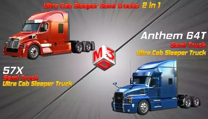57X Truck - 64T Truck - Ultra Cab Sleeper Semi Trucks 2 in 1 3D Model Collection