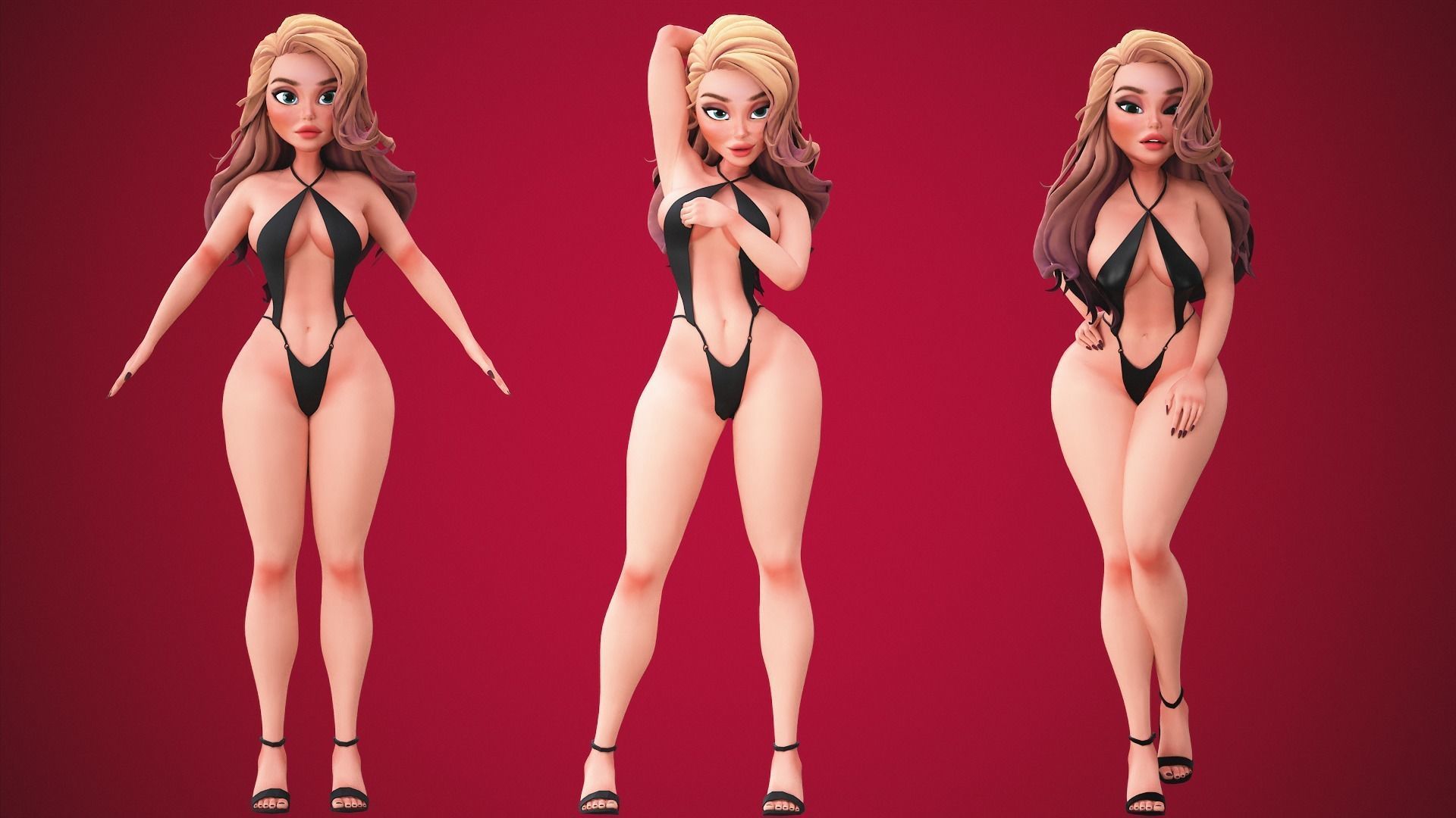Game Cartoon Sexy Girl Character rigged 3D model_4