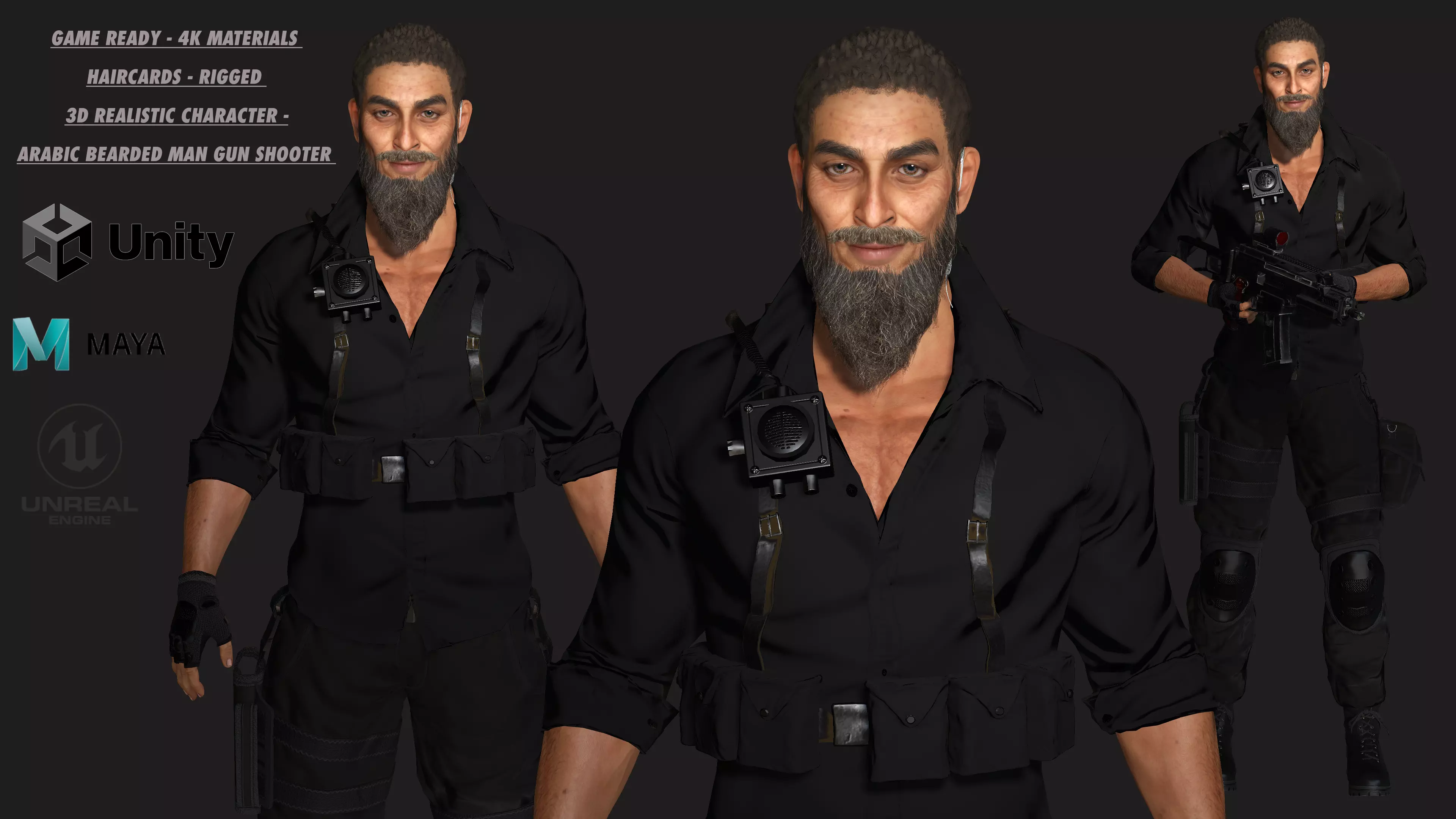 AAA 3D REALISTIC CHARACTER - ARABIC BEARDED MAN GUN SHOOTER GTA Low-poly 3D model_0
