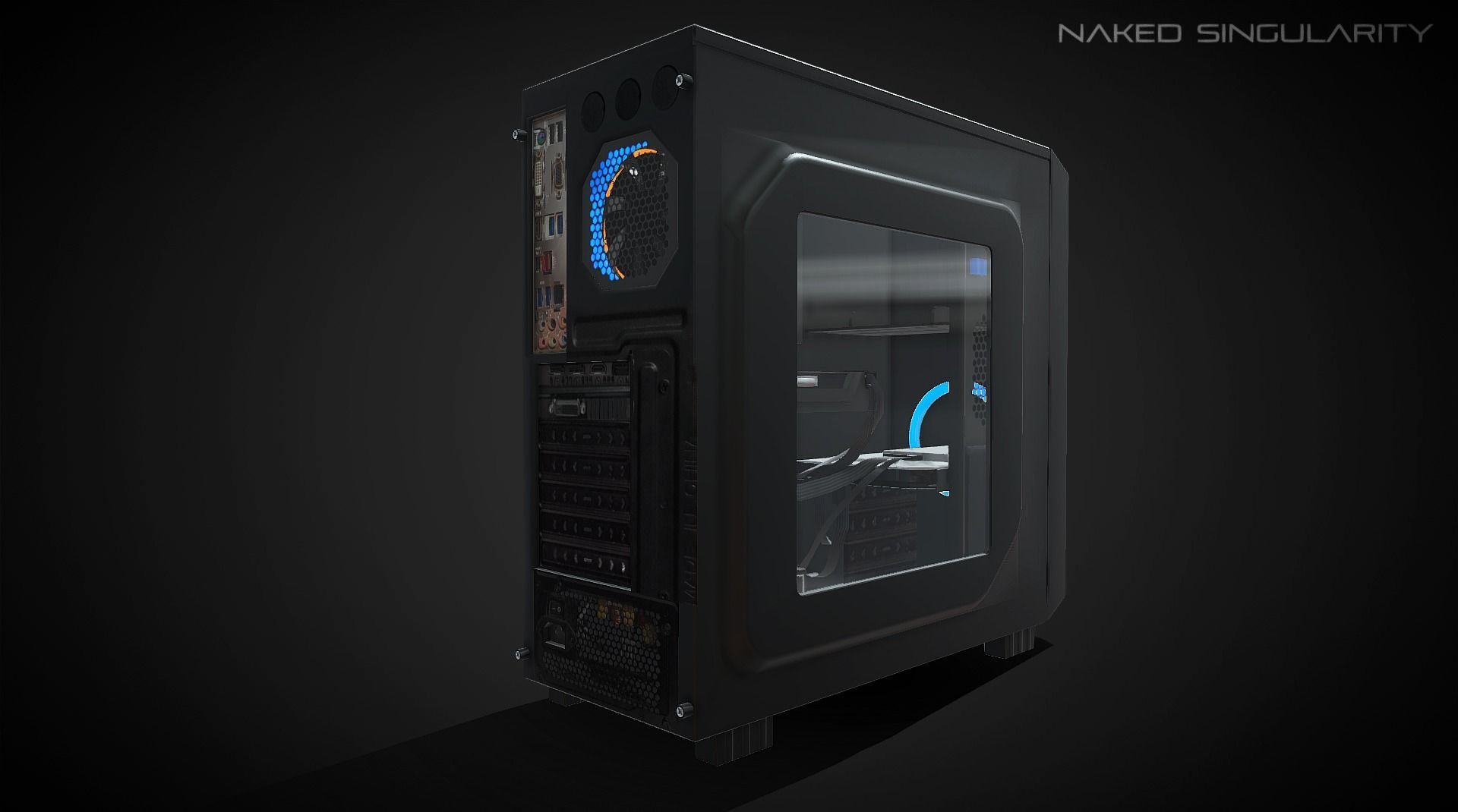 PC Case - Desktop computer with fan and LED Low-poly 3D model_6
