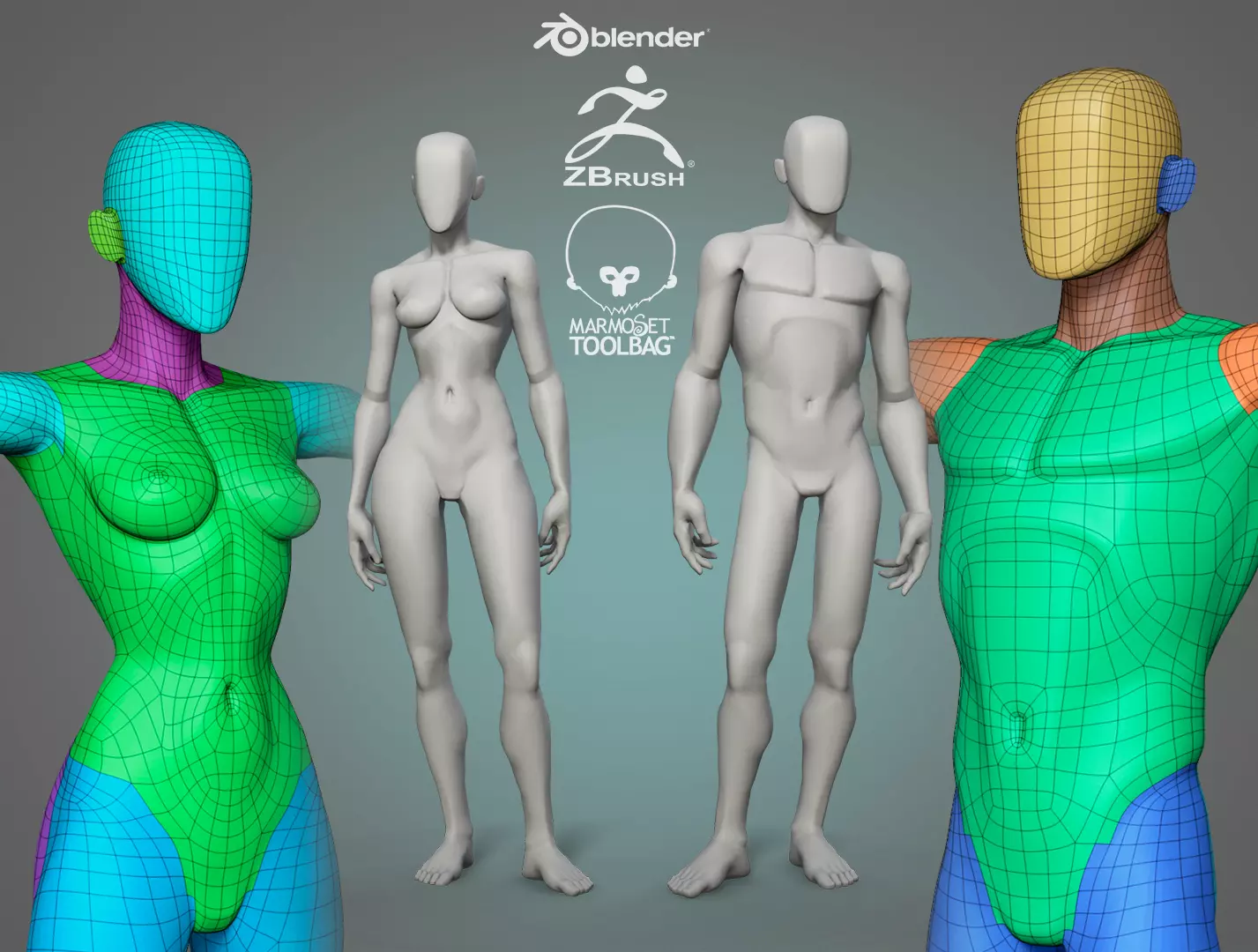 Male and female stylized basemesh Low-poly 3D model_0