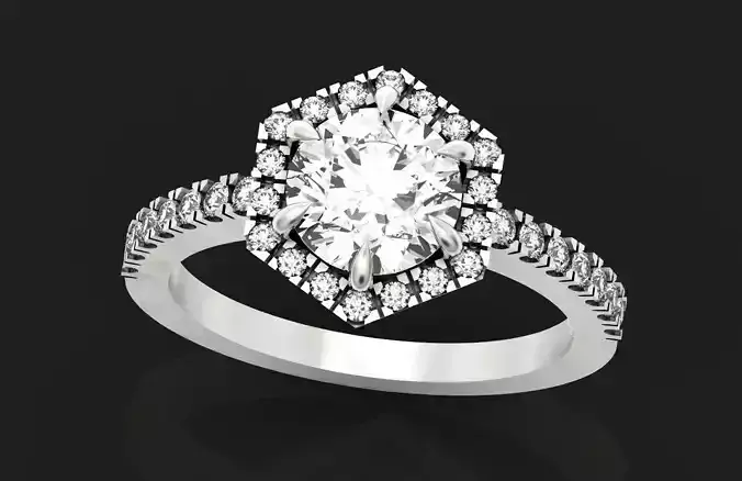 Hexagon Halo Round Brilliant Engagement Ring 1215 3D print model