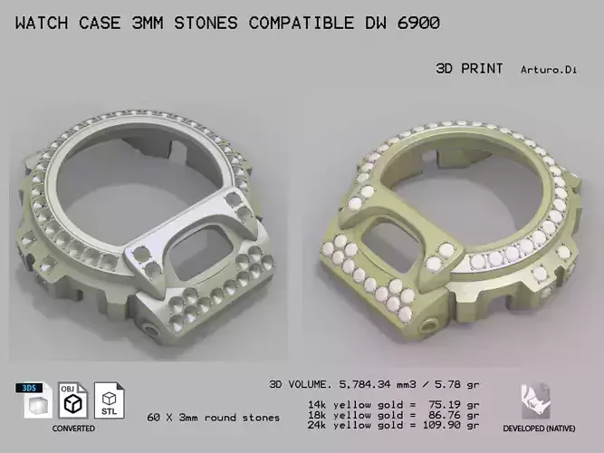 Watch Case 3mm stones compatible DW6900 3D print model