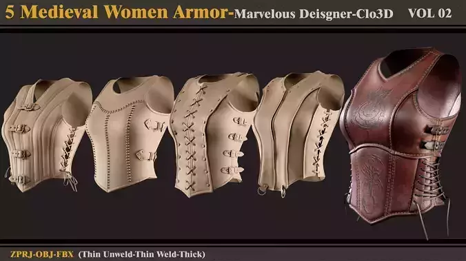 5 Medieval Women Armors-MD-Clo3D-ZPRJ-FBX -OBJ