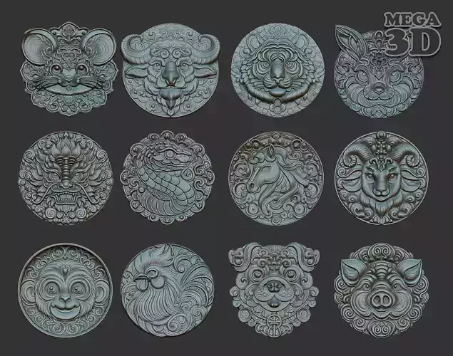 12 Chinese zodiac animals Basrelief Pack 240703 3D Model Collection