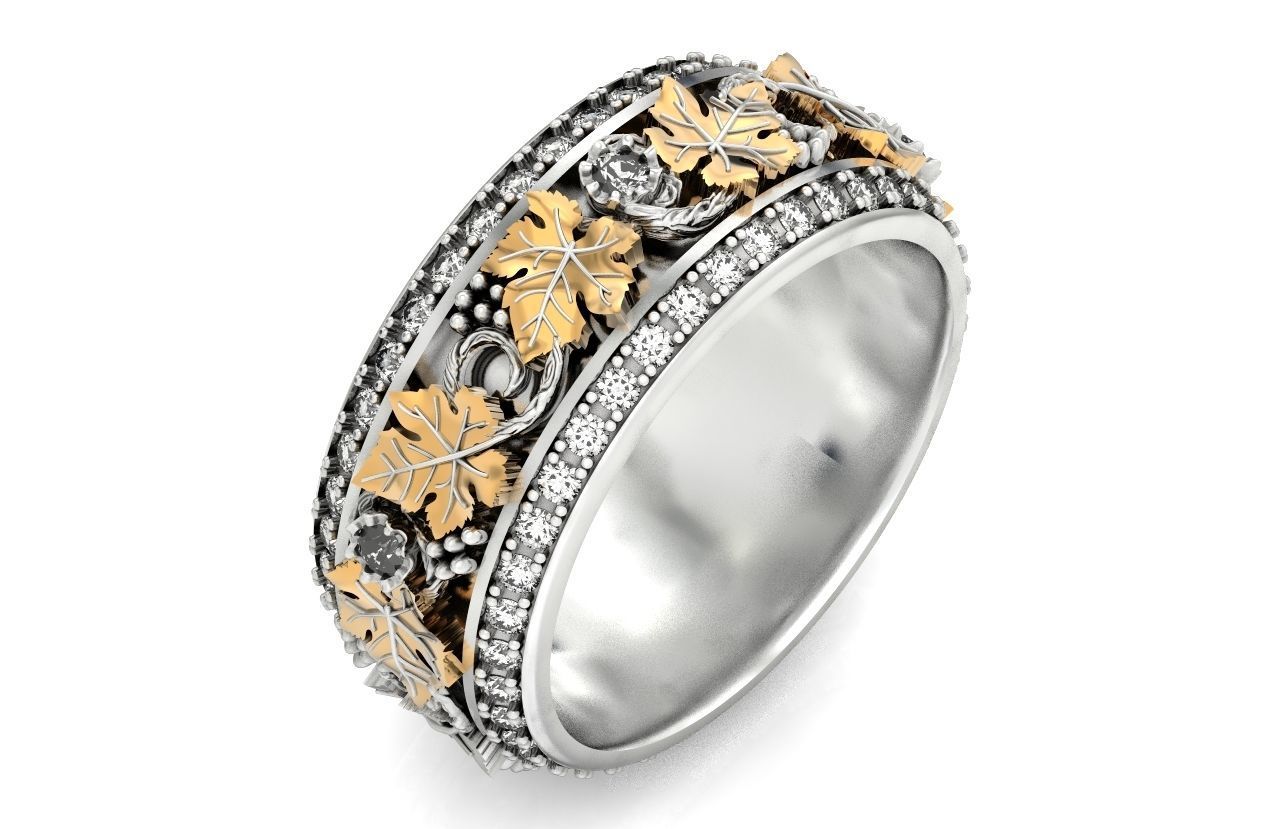 Vintage Bohemian vine grape leaf  Wedding Ring  with enamel 1231 3D print model_25