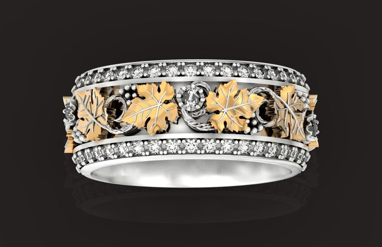 Vintage Bohemian vine grape leaf  Wedding Ring  with enamel 1231 3D print model_17