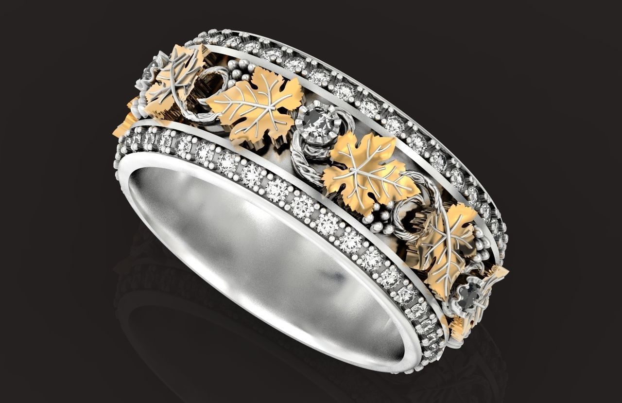 Vintage Bohemian vine grape leaf  Wedding Ring  with enamel 1231 3D print model_19