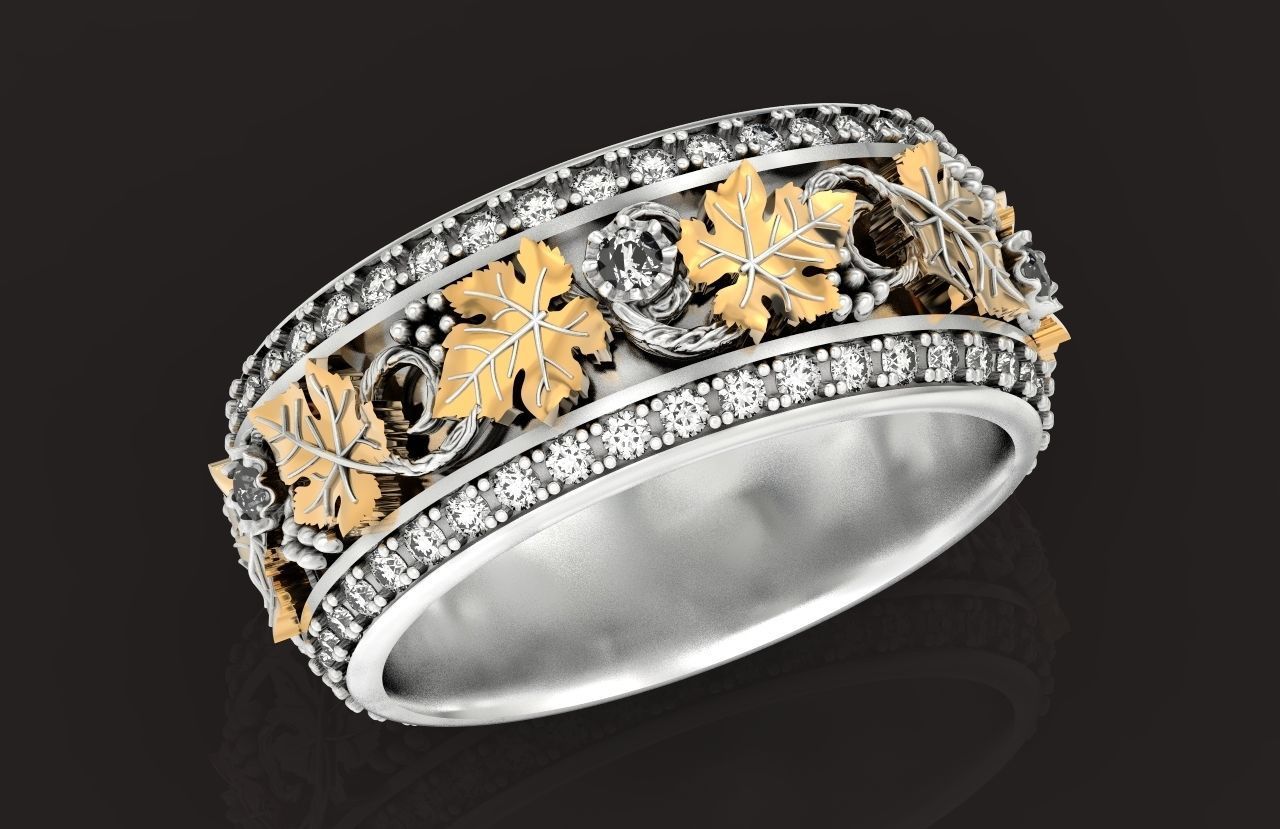 Vintage Bohemian vine grape leaf  Wedding Ring  with enamel 1231 3D print model_31