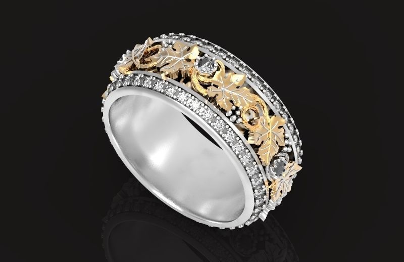 Vintage Bohemian vine grape leaf  Wedding Ring  with enamel 1231 3D print model_16