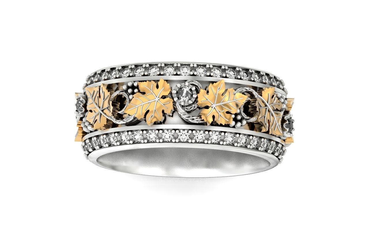 Vintage Bohemian vine grape leaf  Wedding Ring  with enamel 1231 3D print model_24