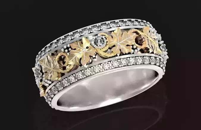 Vintage Bohemian vine grape leaf  Wedding Ring  with enamel 1231