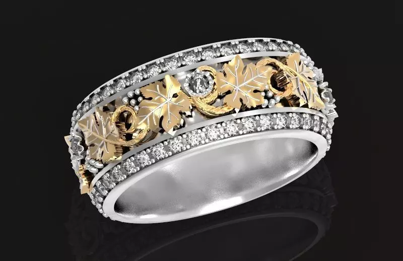 Vintage Bohemian vine grape leaf  Wedding Ring  with enamel 1231 3D print model_0