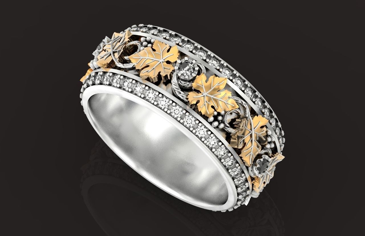 Vintage Bohemian vine grape leaf  Wedding Ring  with enamel 1231 3D print model_15
