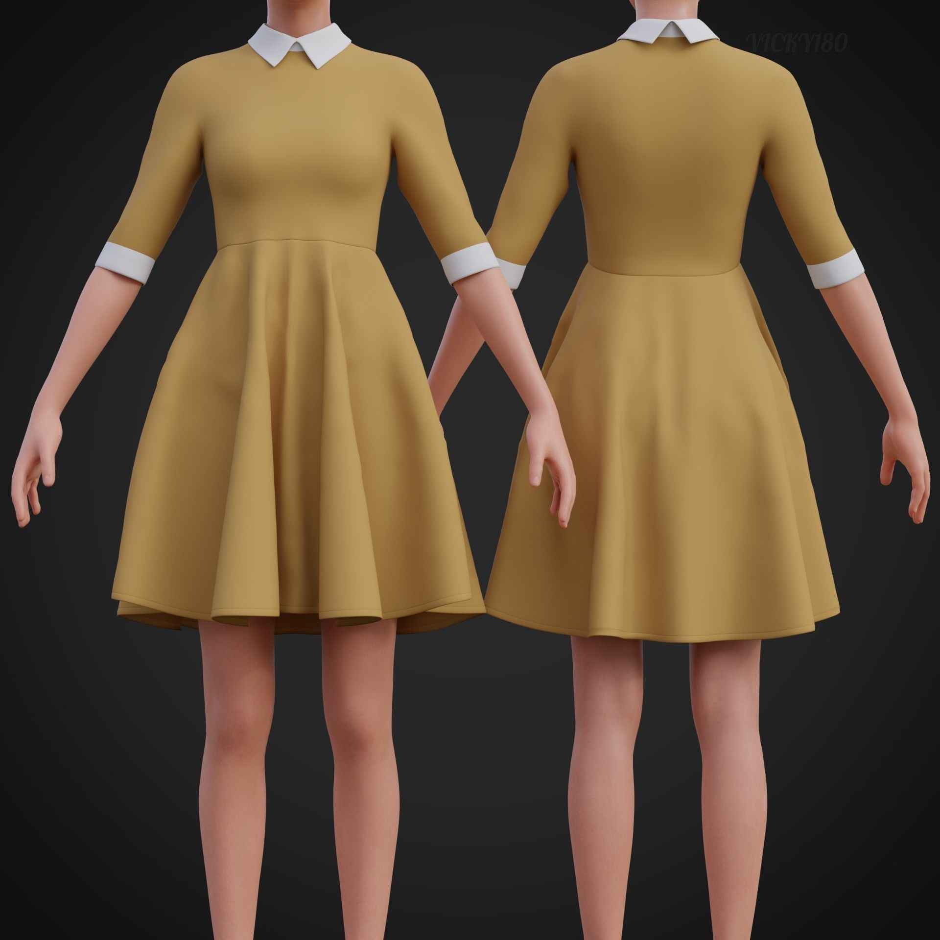 Mustard collar Flare formal dress - office gown 3D model_13
