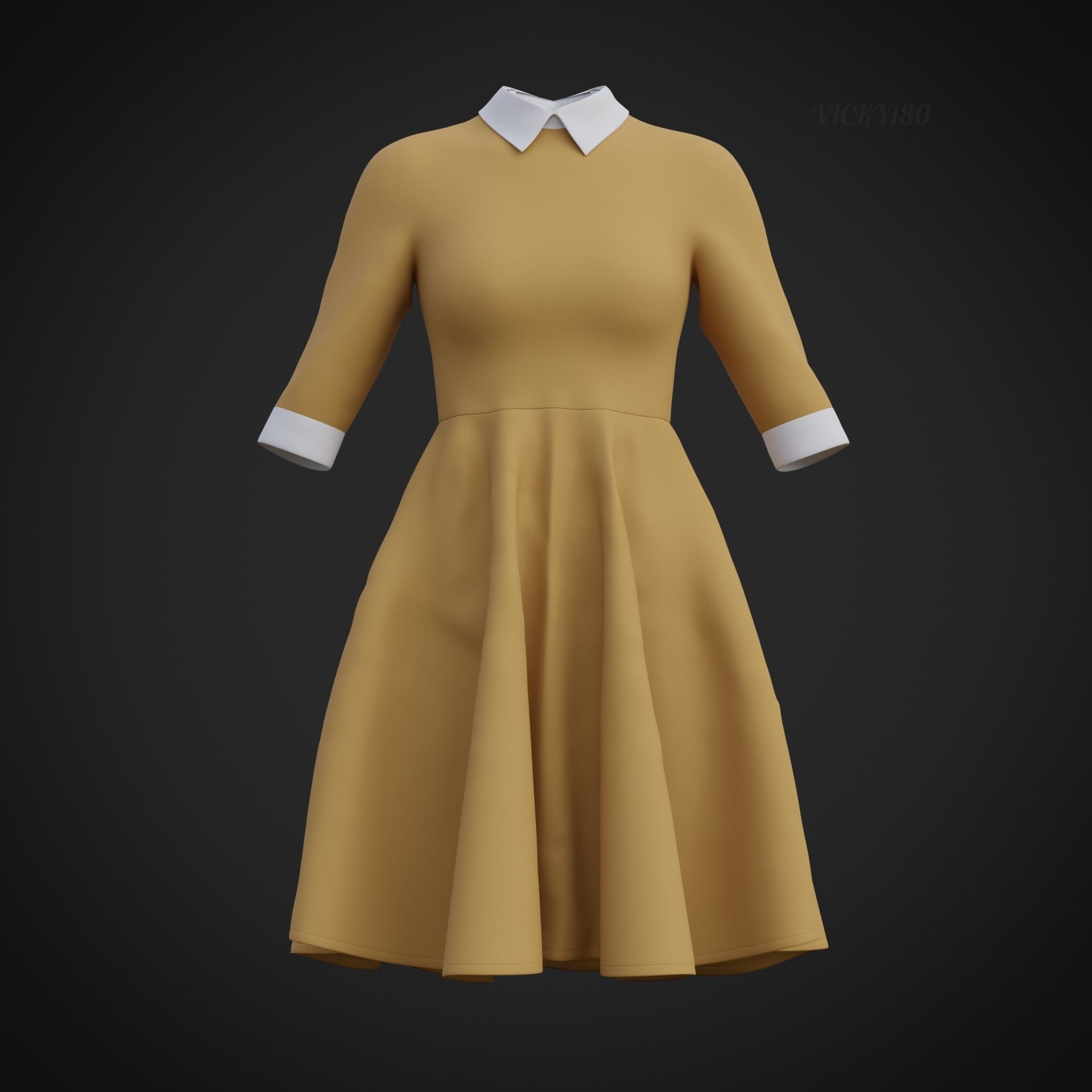 Mustard collar Flare formal dress - office gown 3D model_18