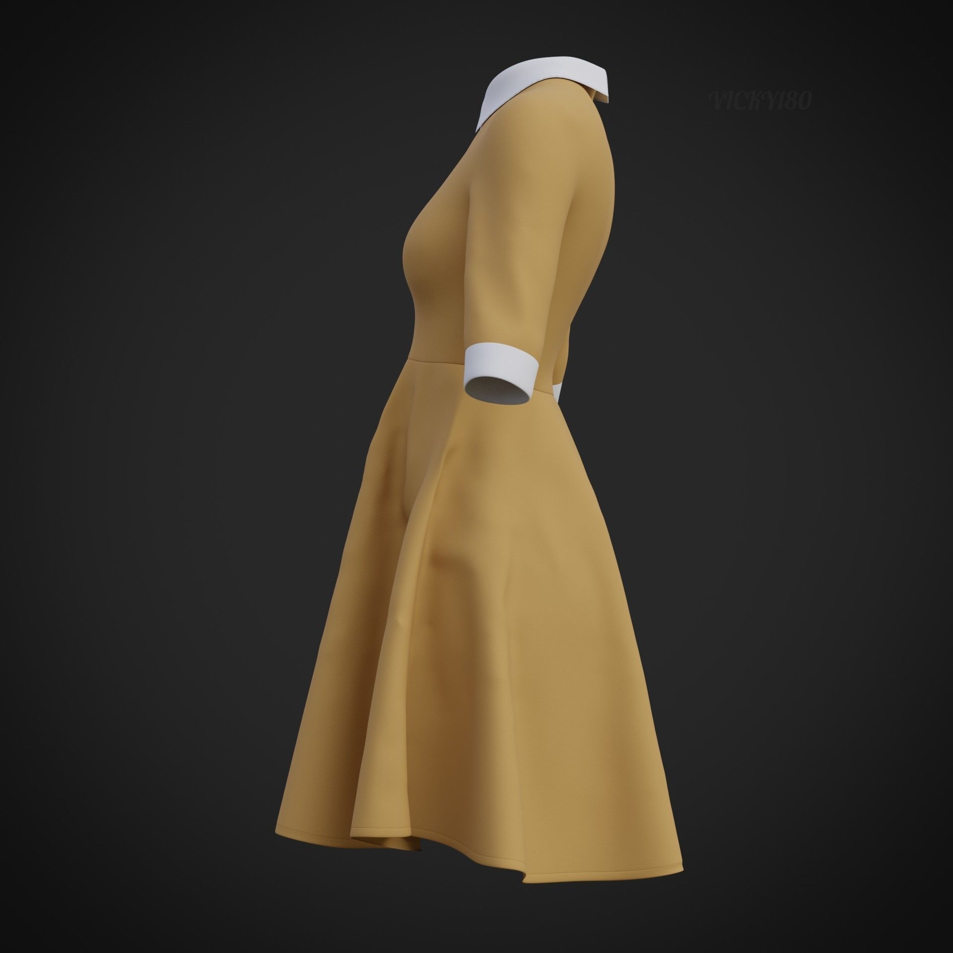 Mustard collar Flare formal dress - office gown 3D model_29