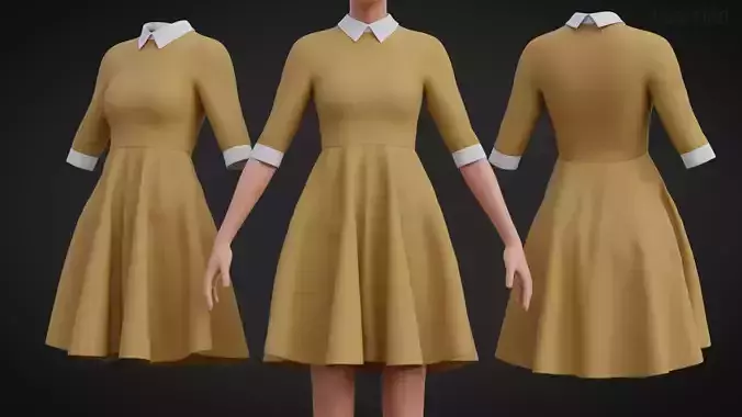 Mustard collar Flare formal dress - office gown 3D model