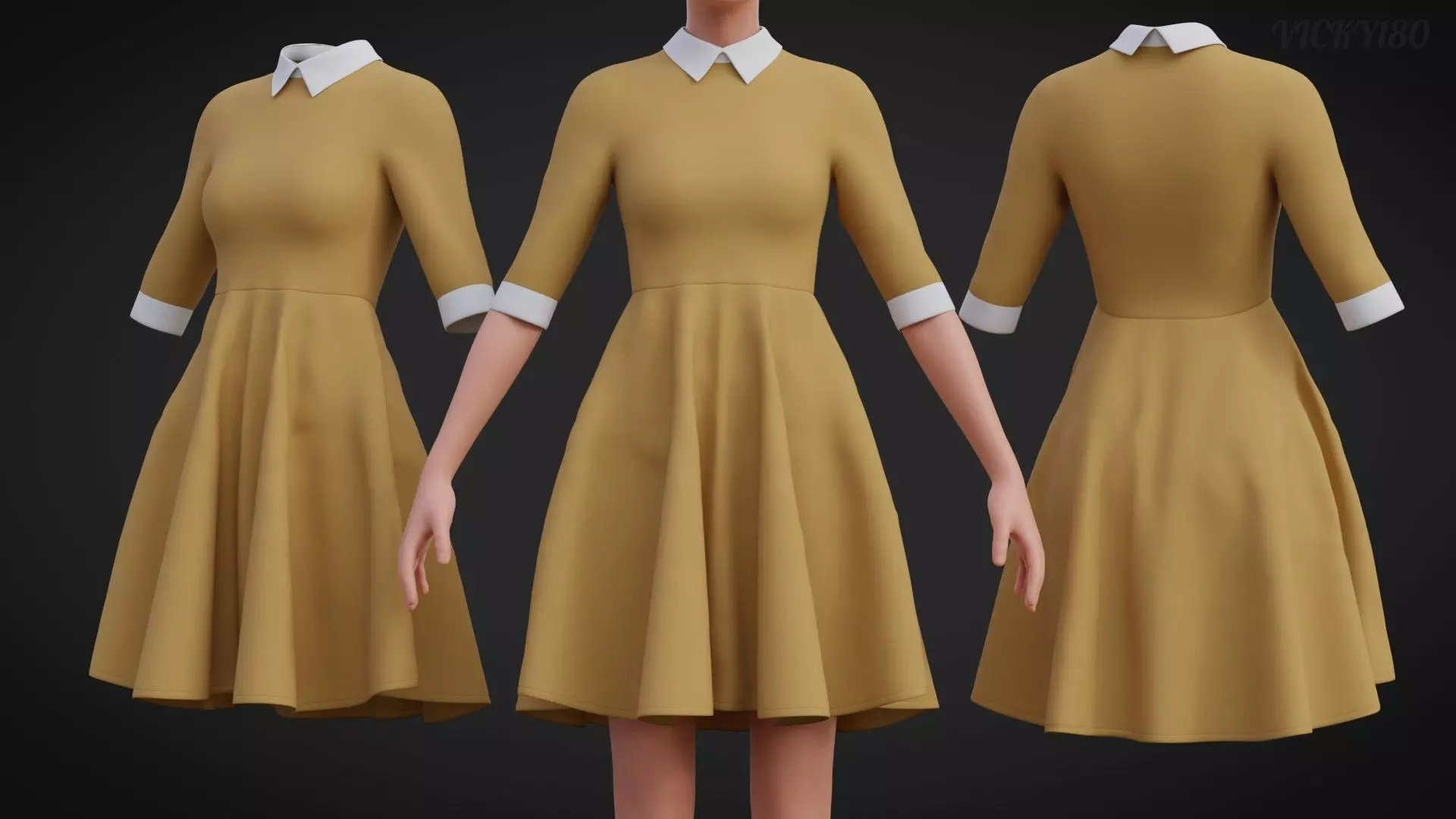 Mustard collar Flare formal dress - office gown 3D model_0
