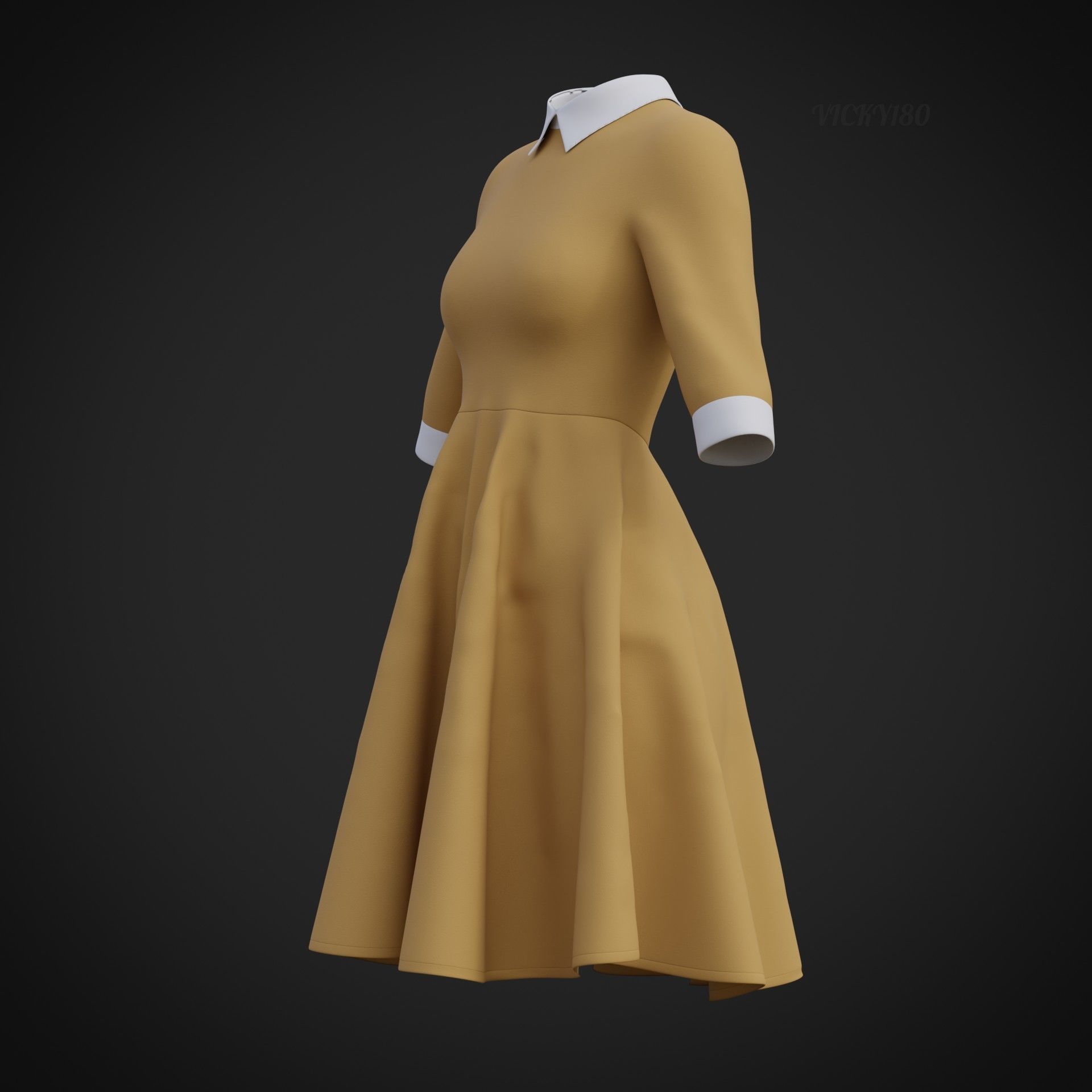 Mustard collar Flare formal dress - office gown 3D model_30