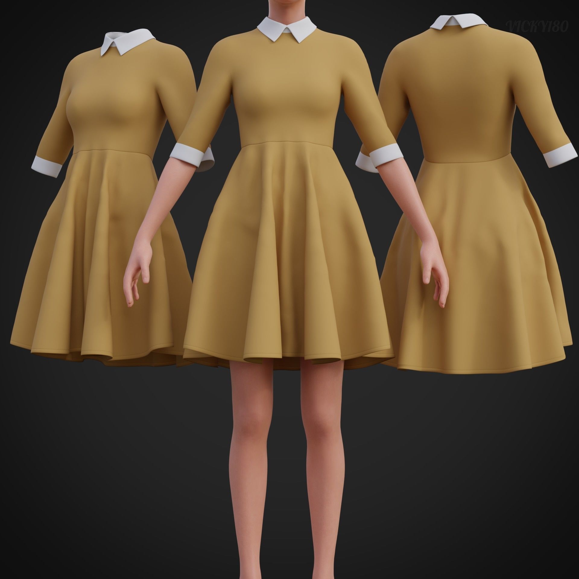 Mustard collar Flare formal dress - office gown 3D model_32