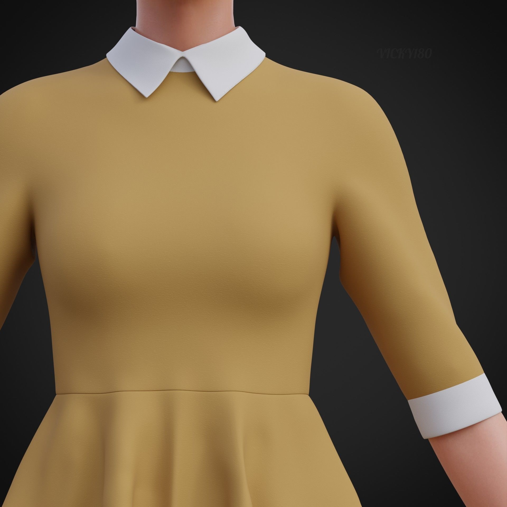 Mustard collar Flare formal dress - office gown 3D model_9