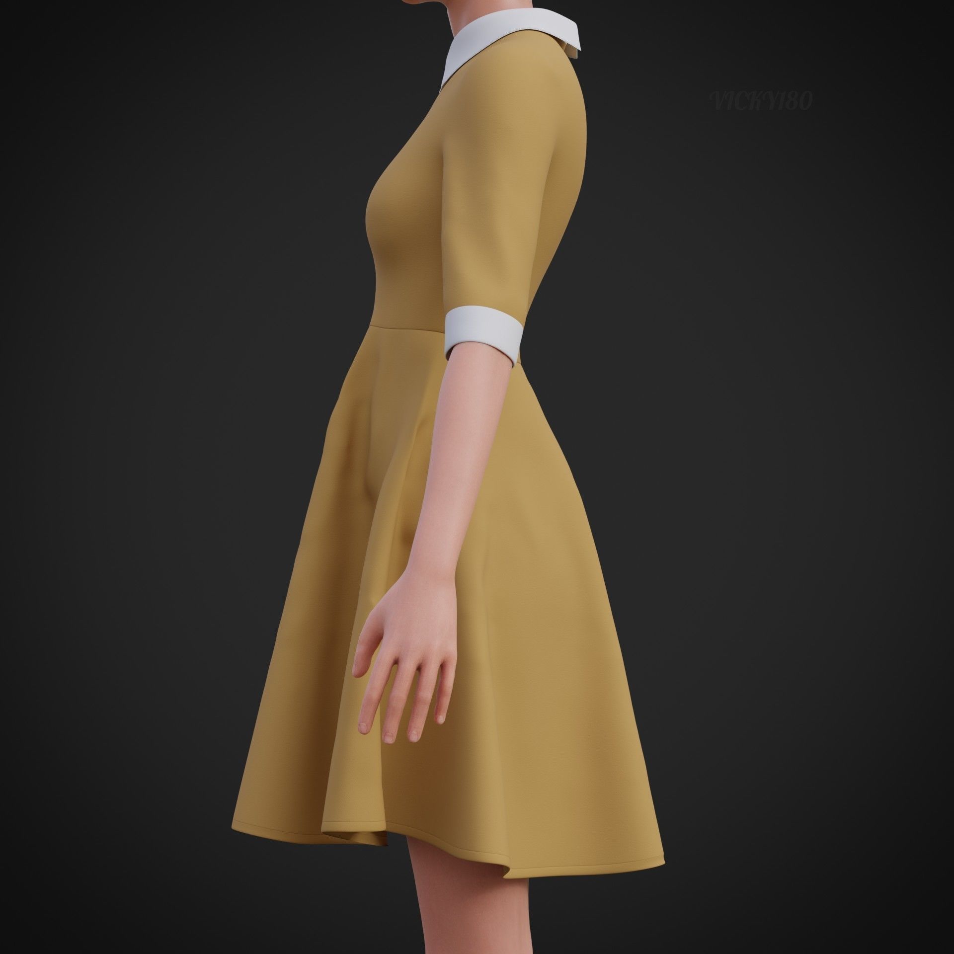 Mustard collar Flare formal dress - office gown 3D model_6