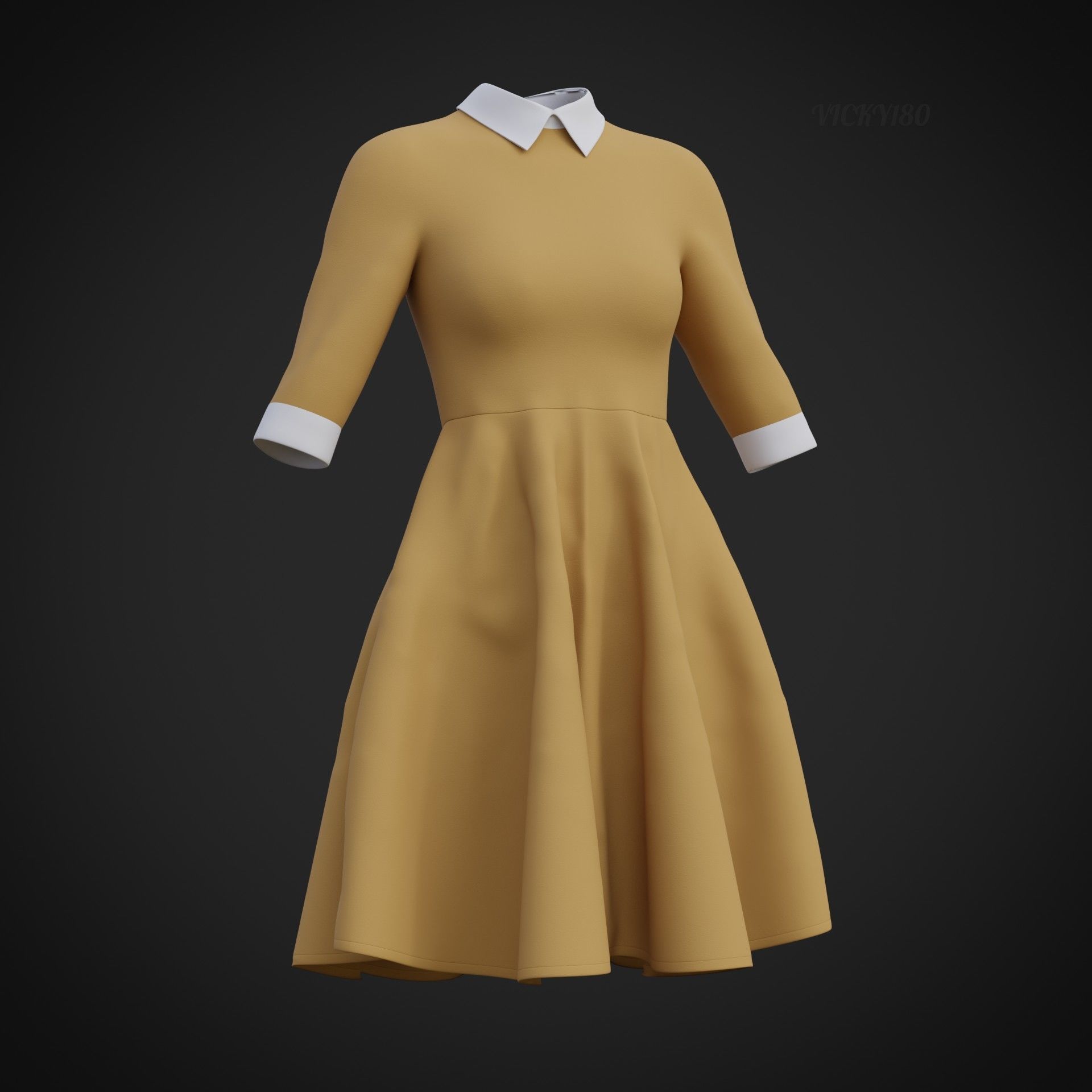 Mustard collar Flare formal dress - office gown 3D model_19