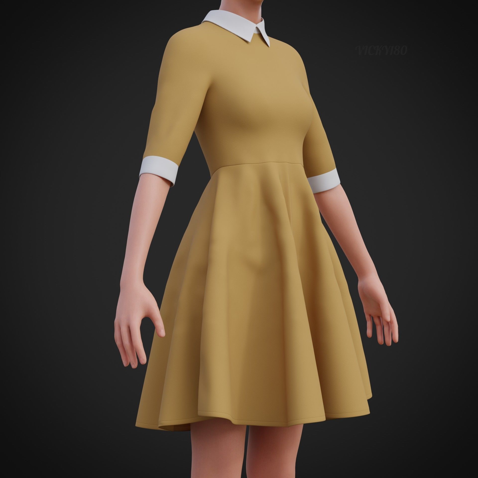 Mustard collar Flare formal dress - office gown 3D model_7