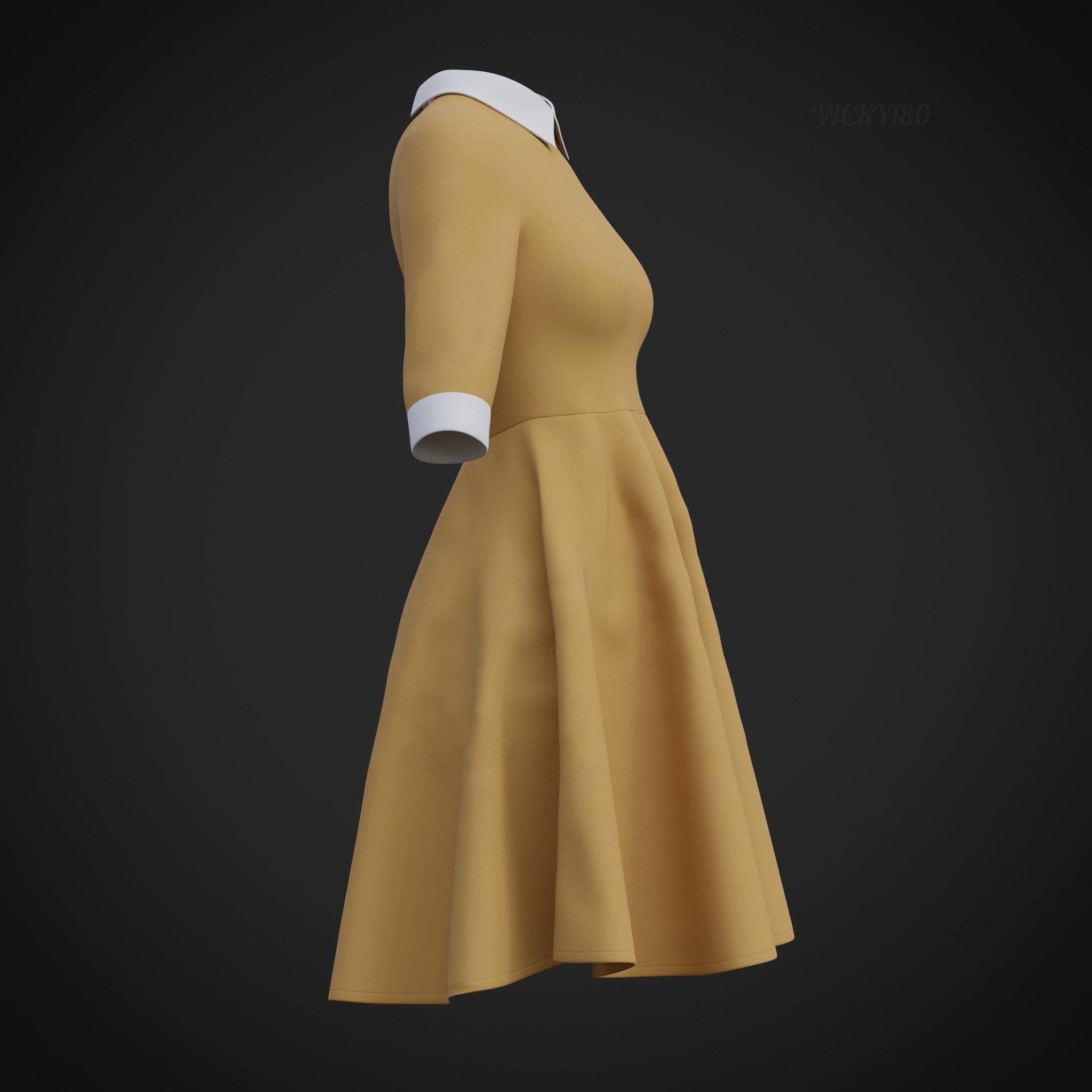 Mustard collar Flare formal dress - office gown 3D model_21