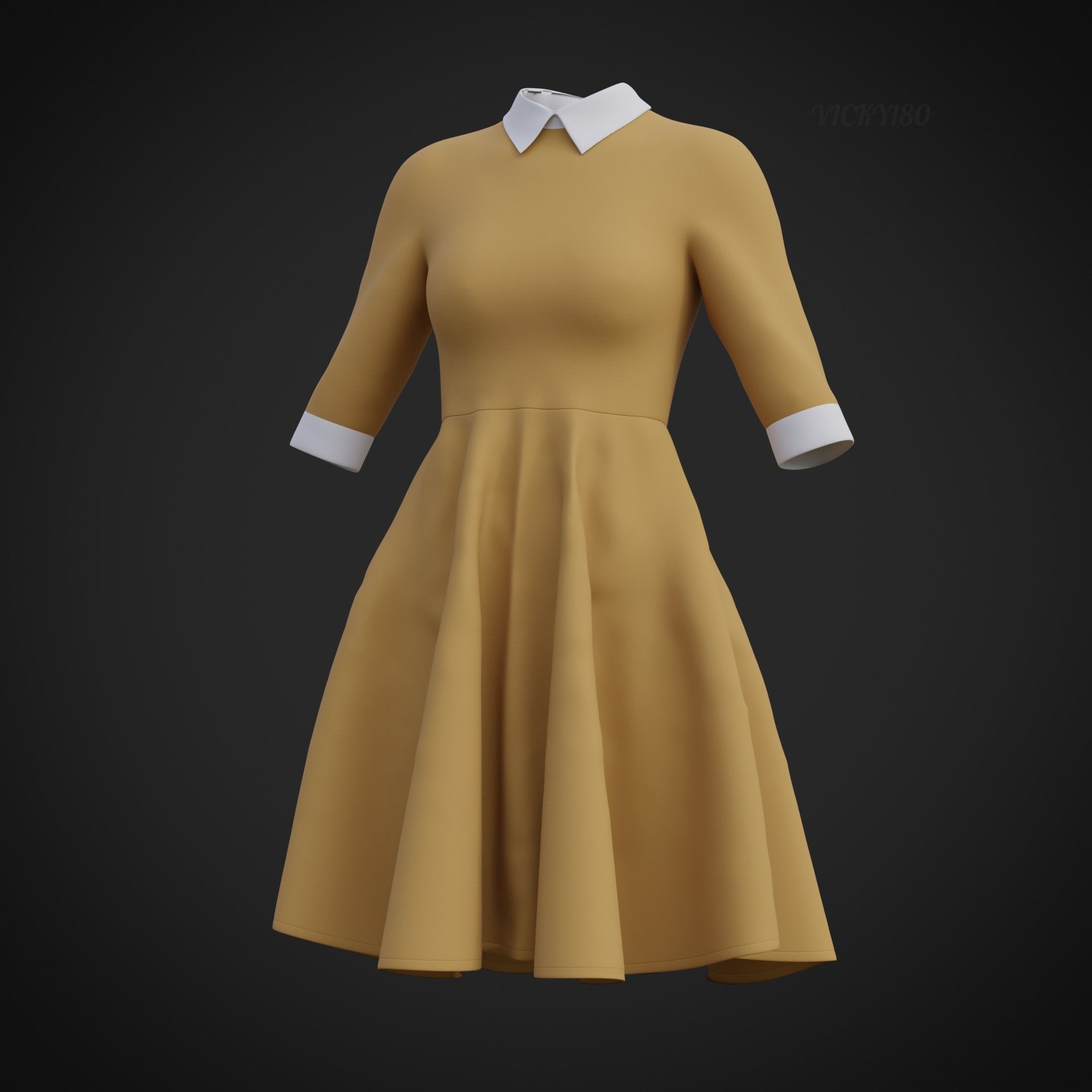 Mustard collar Flare formal dress - office gown 3D model_31