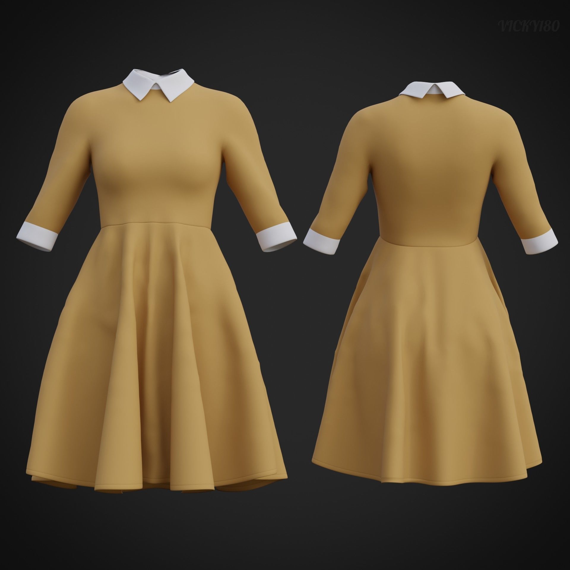 Mustard collar Flare formal dress - office gown 3D model_2