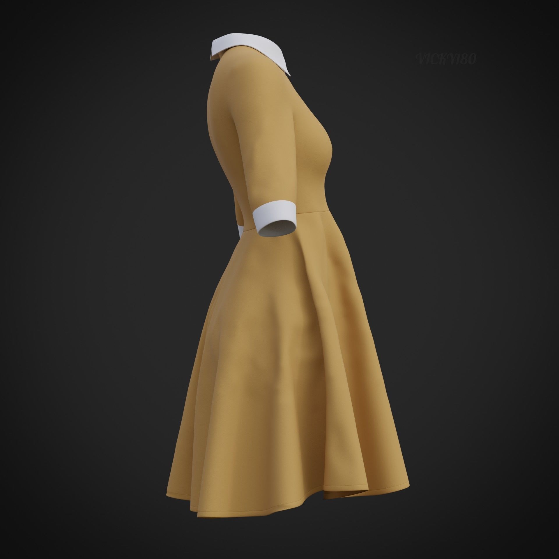Mustard collar Flare formal dress - office gown 3D model_22