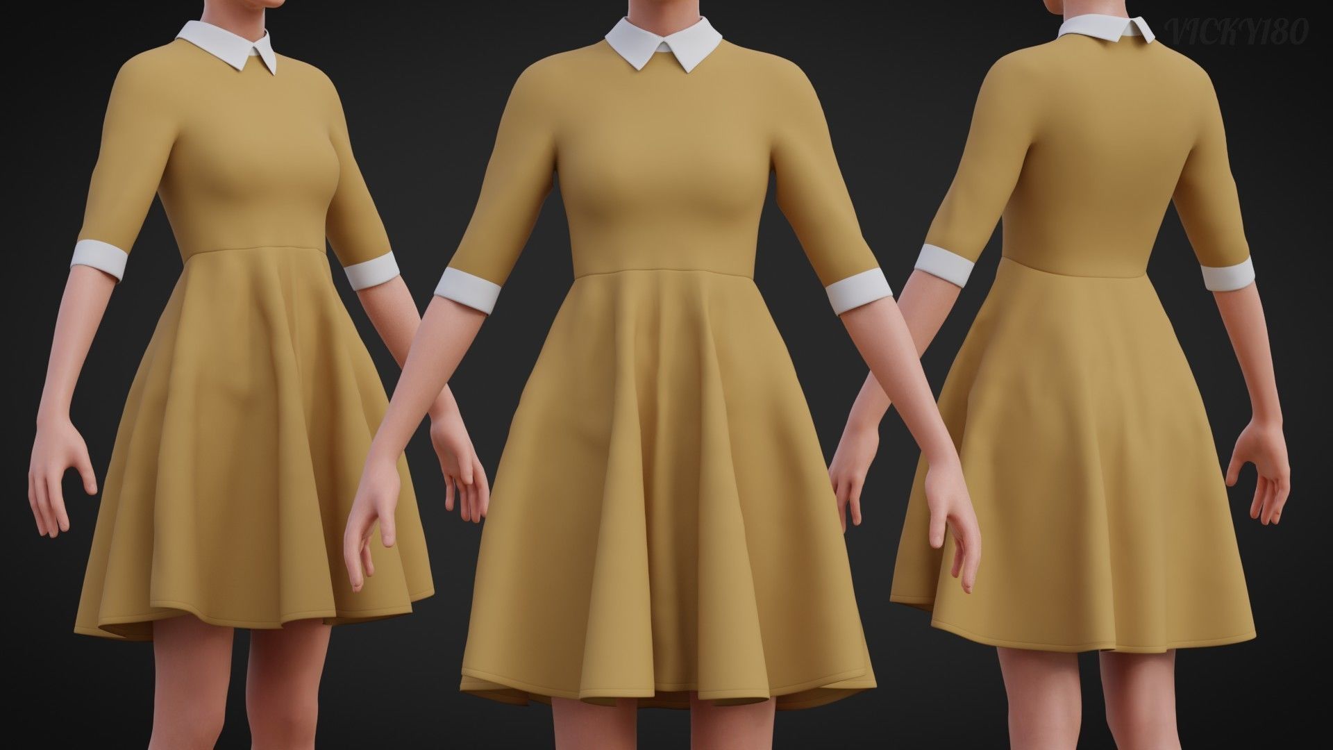Mustard collar Flare formal dress - office gown 3D model_1