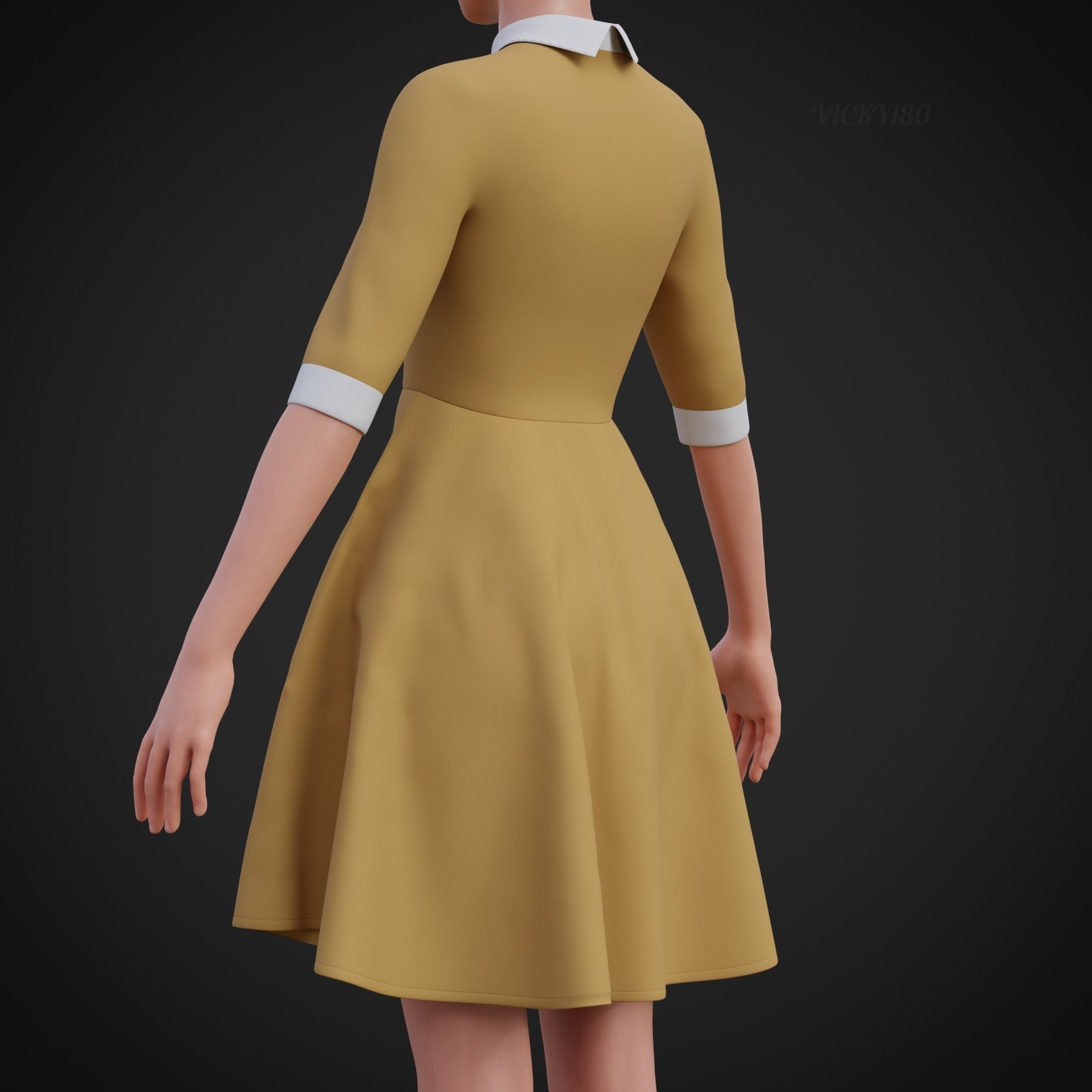 Mustard collar Flare formal dress - office gown 3D model_8
