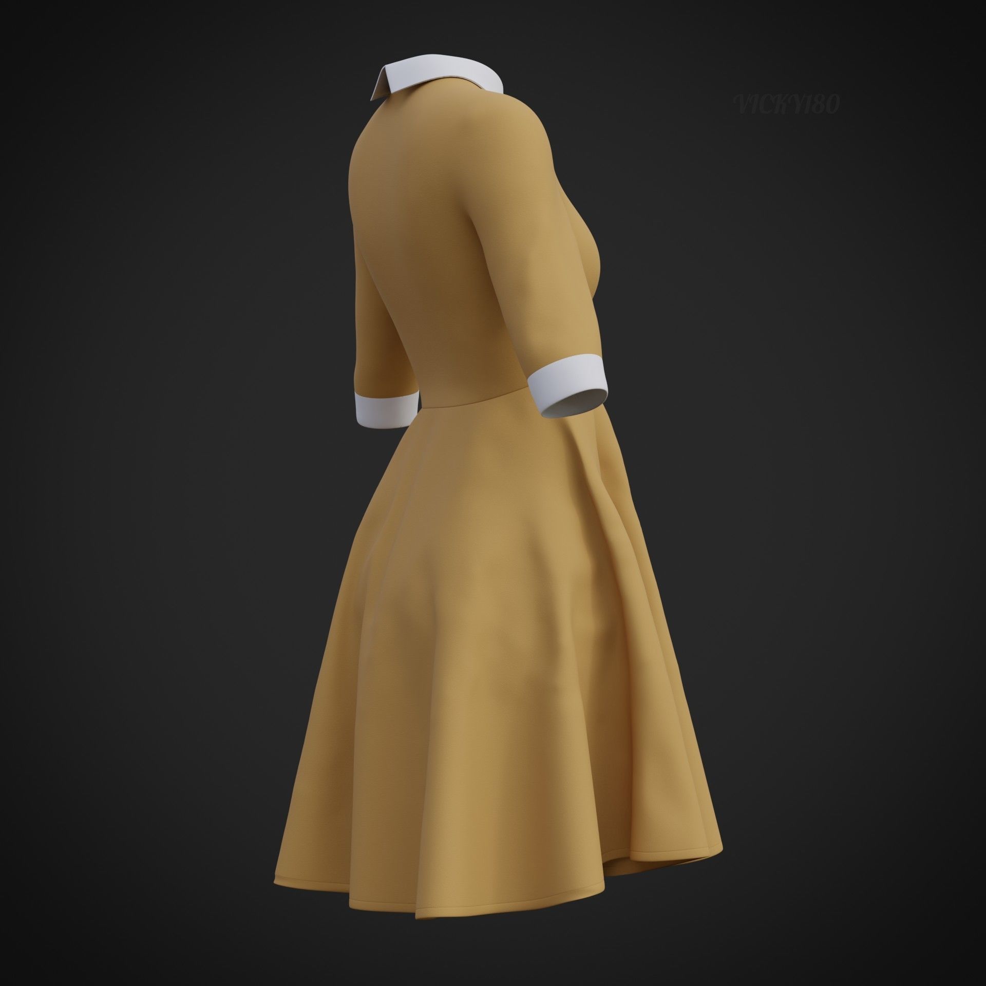 Mustard collar Flare formal dress - office gown 3D model_23