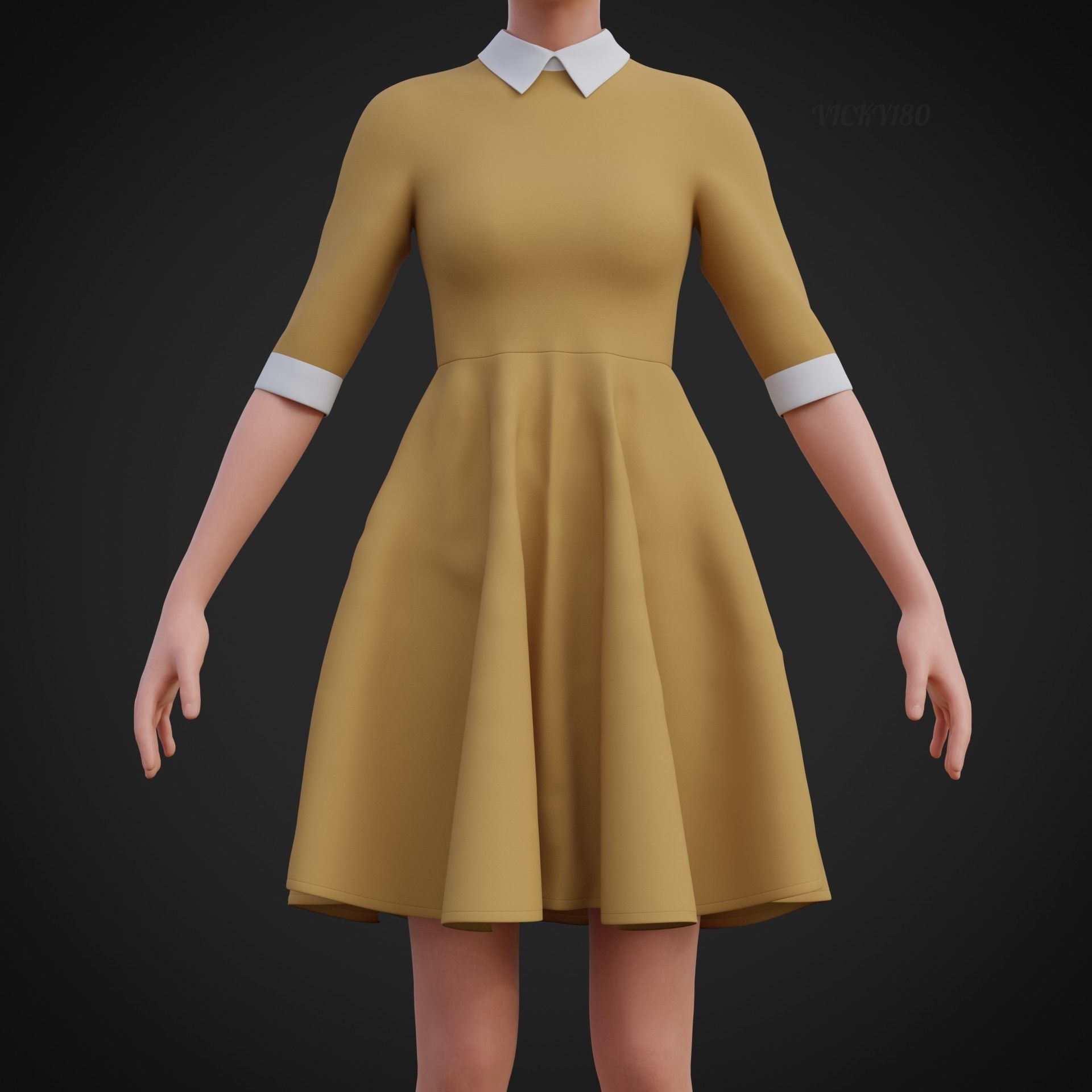 Mustard collar Flare formal dress - office gown 3D model_4